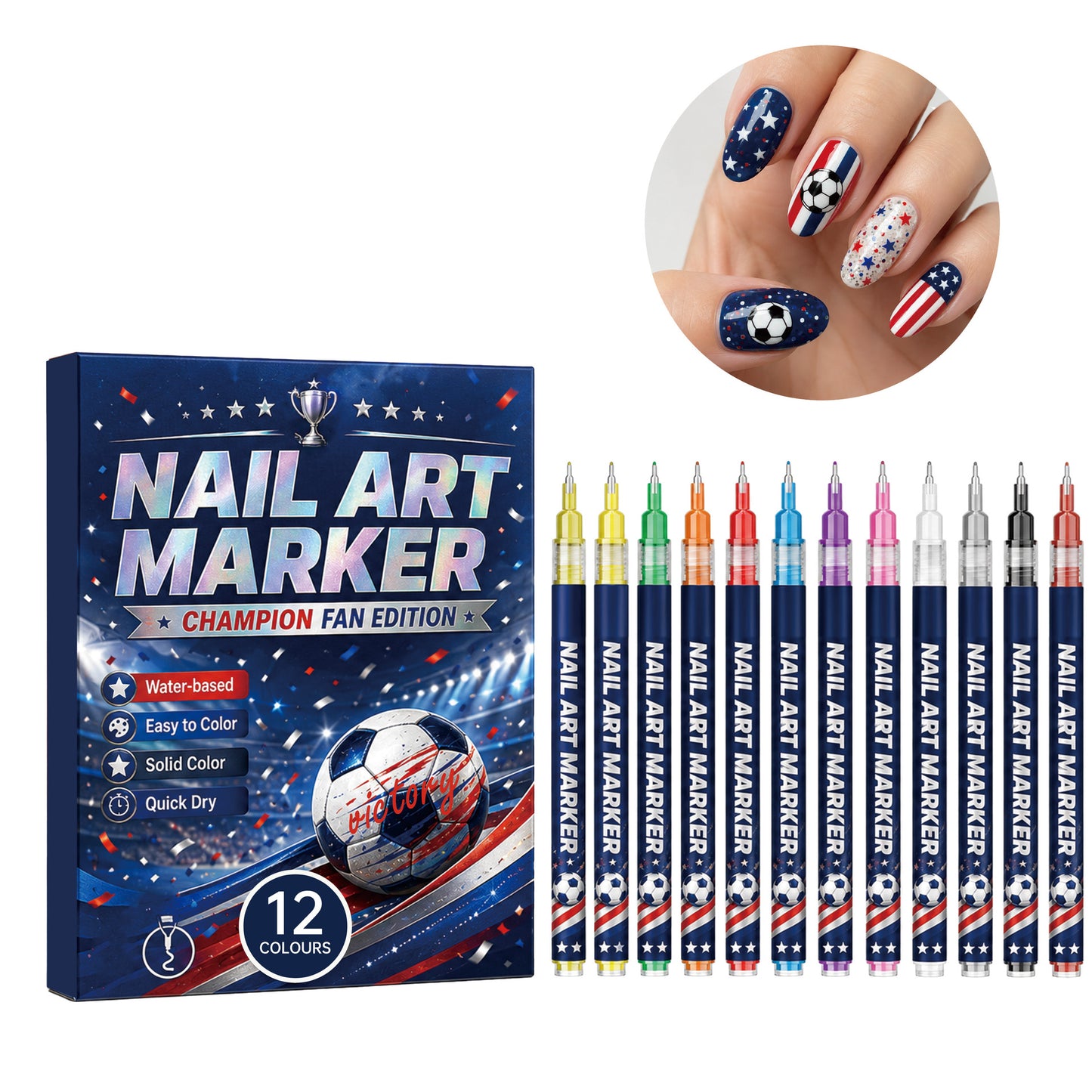 🎨World Cup 12-color fan-themed nail ✨painting brush - Quick-drying nail art brush for 🥇DIY finger swirls for parties and festivals