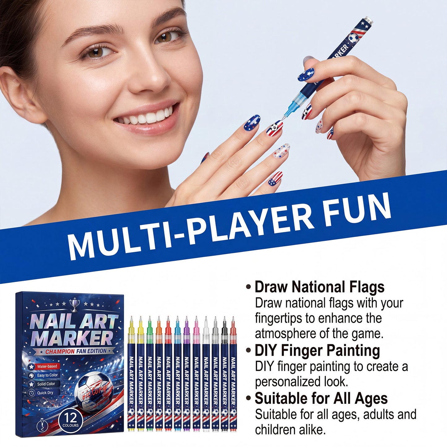 🎨World Cup 12-color fan-themed nail ✨painting brush - Quick-drying nail art brush for 🥇DIY finger swirls for parties and festivals